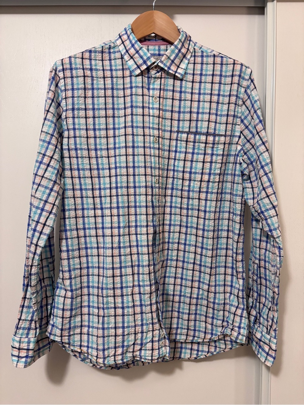Mens Seersucker Plaid Button Down Shirt Size L Long Sleeve Ivy Style Preppy
